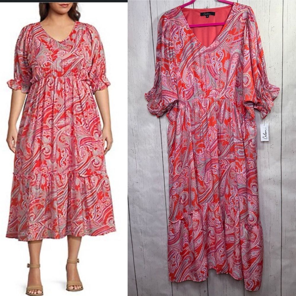 Calessa 3X Pink Red Paisley Boho Tiered Midi Dress NWT Cottagecore Feminine NWT